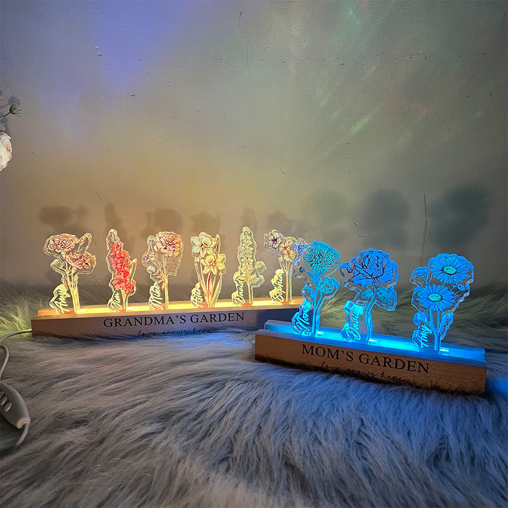 Personalized Birth Flower 3D Crystal Acrylic LED Light With Children's Names