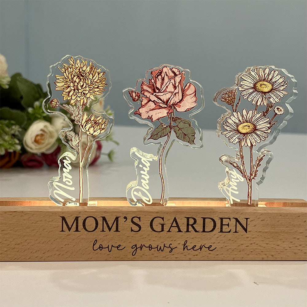 Personalized Birth Flower 3D Crystal Acrylic LED Light With Children's Names