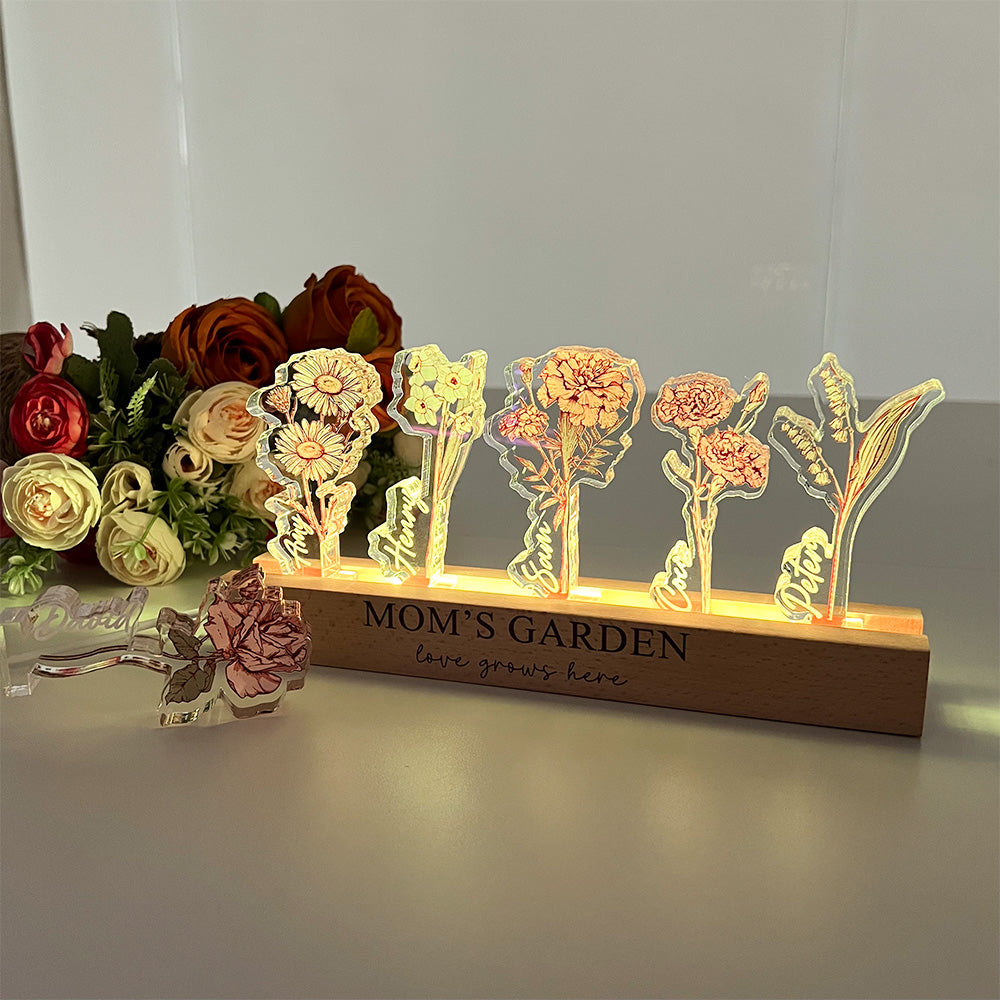 Personalized Birth Flower 3D Crystal Acrylic LED Light With Children's Names