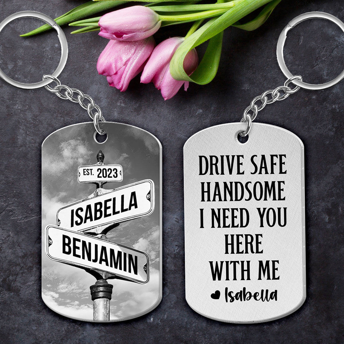 Personalized Metal Keychain Vintage Crossroads Street Sign