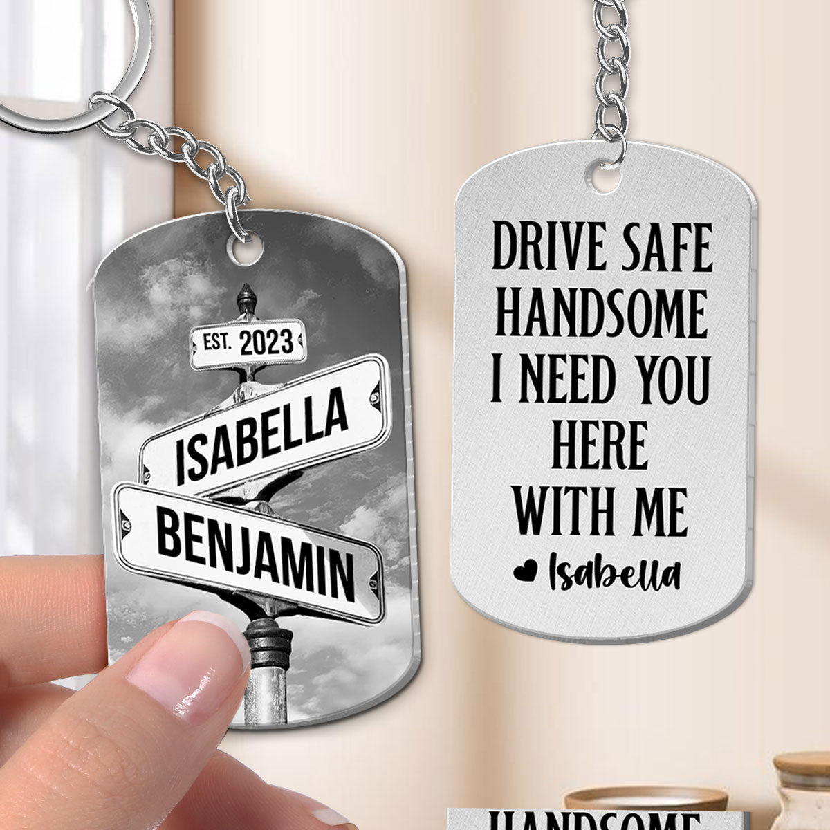 Personalized Metal Keychain Vintage Crossroads Street Sign