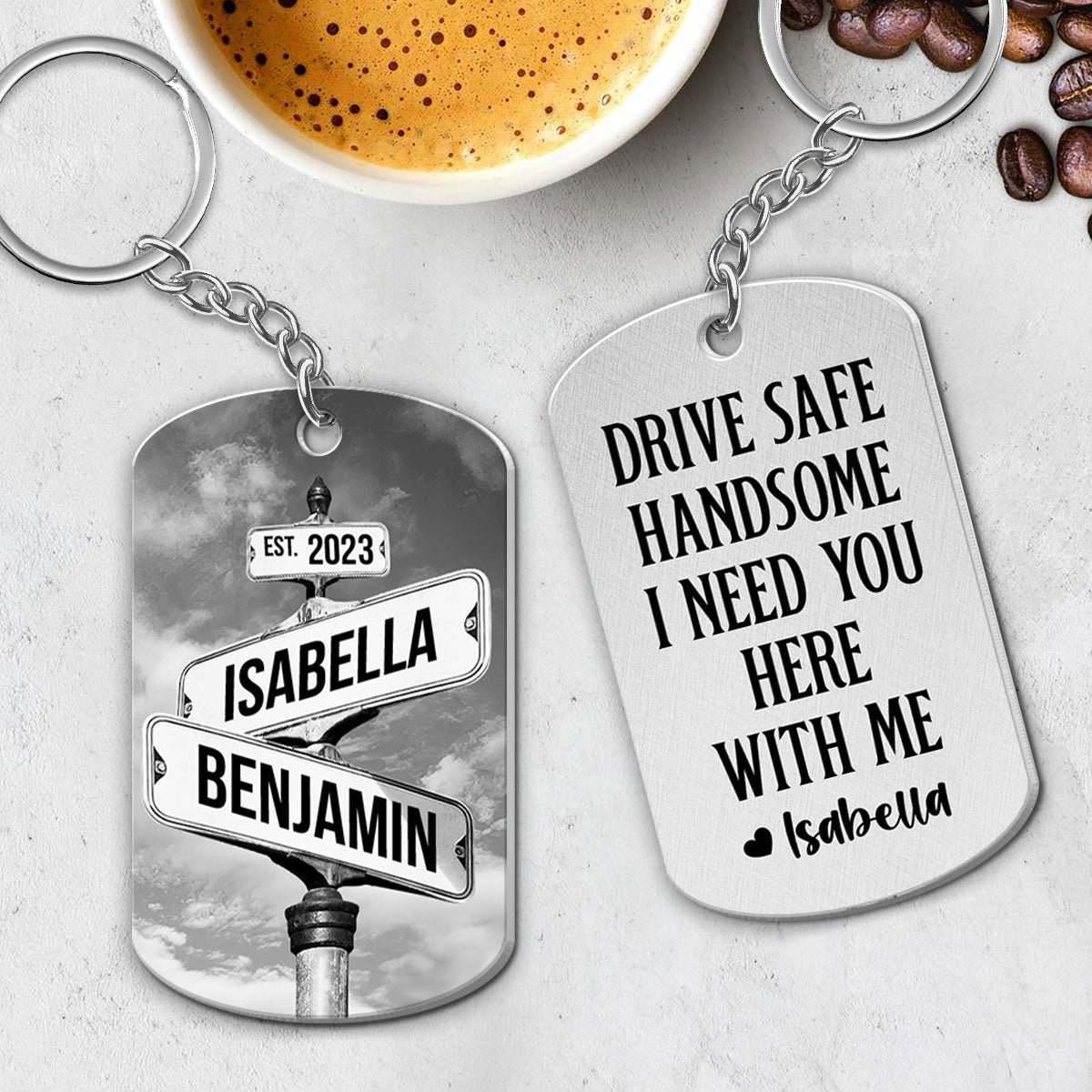 Personalized Metal Keychain Vintage Crossroads Street Sign