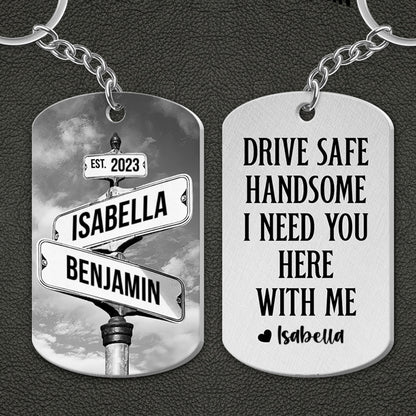 Personalized Metal Keychain Vintage Crossroads Street Sign