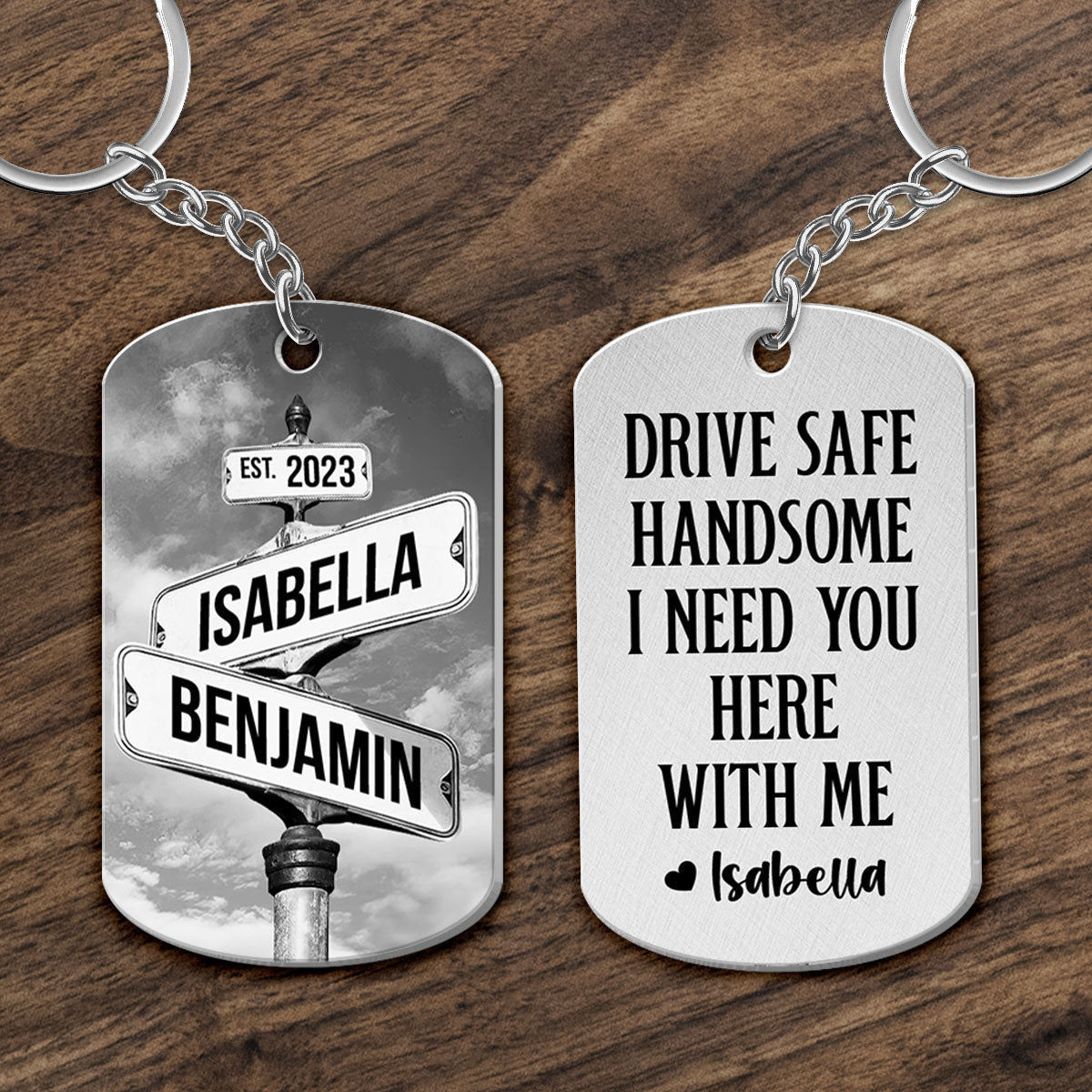 Personalized Metal Keychain Vintage Crossroads Street Sign